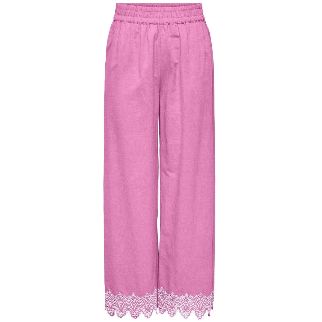Dame Bukser Onlpaula  Fuchsia Pink Bright White Emb. fra Only hos Klædeskabet.dk 5715720564637
